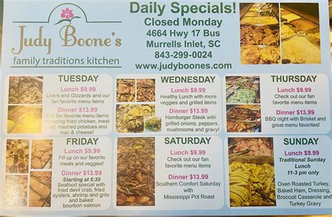 Judy boones - - Judy Boone's Family Kitchen. Now open, “southern style” Buffet! This Week: Wednesday thru Saturday 11-8 Sunday 11-3 Lunch 11-3 $8.99 Early Bird 3-5 $10.99 Dinner 5-8 12.99 …